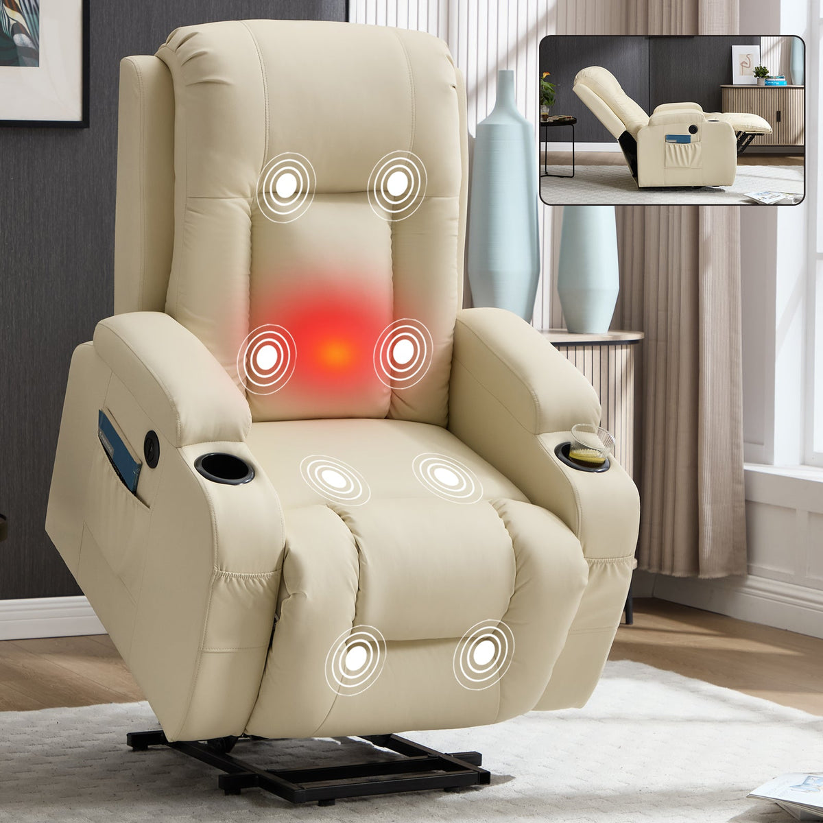 Beige PU Power Lift Recliner Chair with Massage & Heating - Infinite Position
