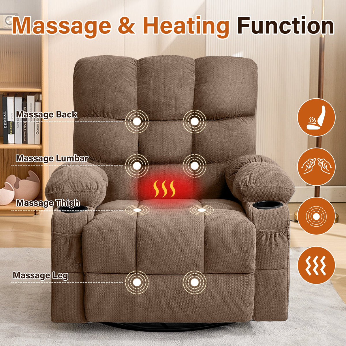 Massage Swivel Recliner Chair with Vibration Massage and Lumbar Heating - Green or Brown
