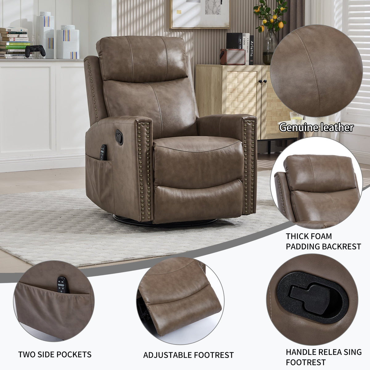 Camel Recliner Chair with Massage & Heat - Genuine Leather