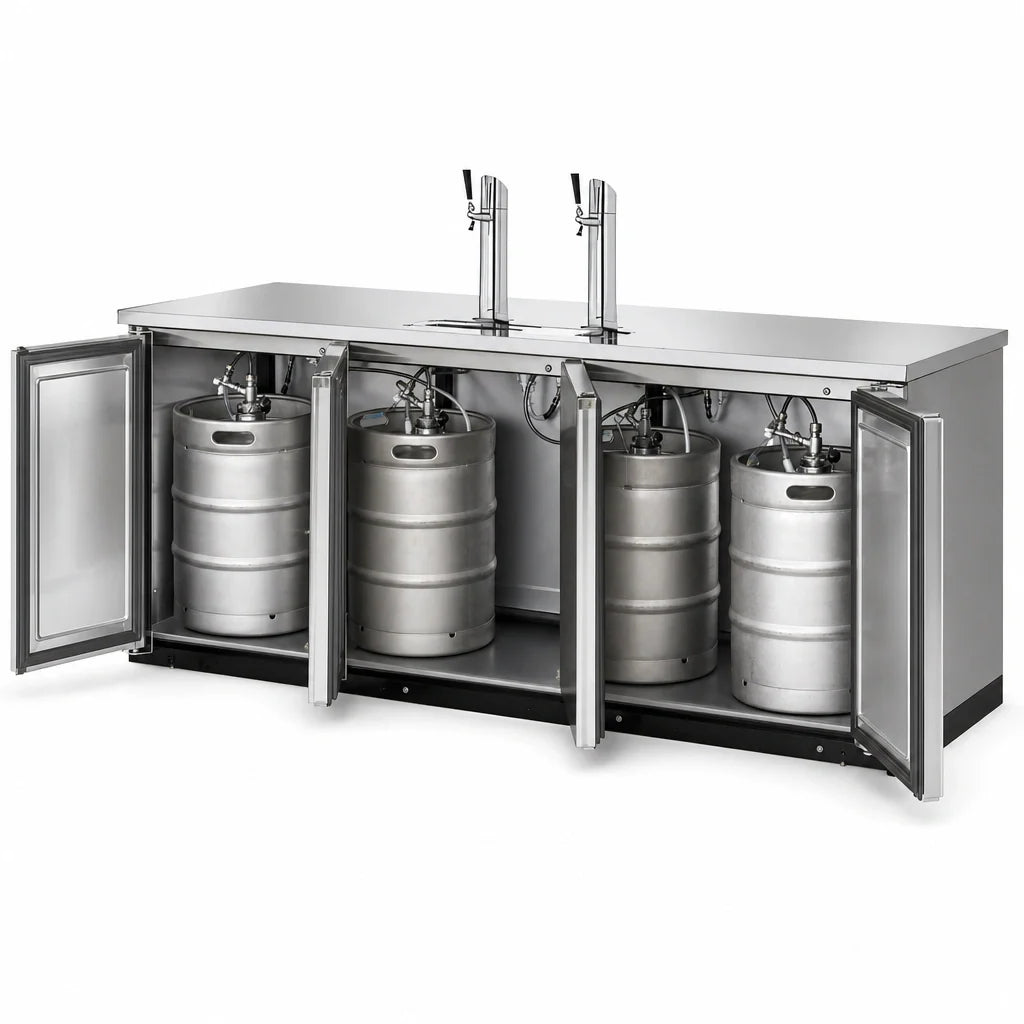 True General Foodservice TDD-4-S-HC Flat-Top Stainless Steel Direct Draw Beer Dispenser, 4 Half-Barrel Kegs, 2 Insulated Columns