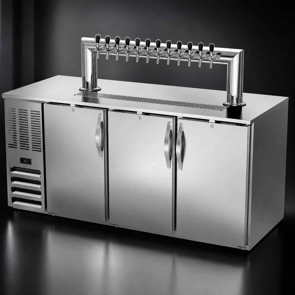Beverage Air DD72HC-S-12T 72-Inch Three-Door Direct Draw Beer Dispenser with 12-Tap Tower, 3 Half-Keg Capacity, Stainless Steel Exterior