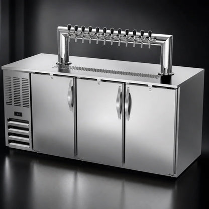 Beverage Air DD72HC-S-12T 72-Inch Three-Door Direct Draw Beer Dispenser with 12-Tap Tower, 3 Half-Keg Capacity, Stainless Steel Exterior
