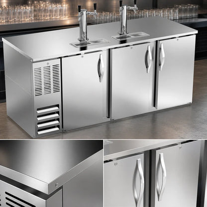 Beverage Air DD78HC-S 78-Inch Three-Door Flat-Top Direct-Draw Beer Dispenser, 4 Kegs, 2 Dual-Faucet Towers, Stainless Steel