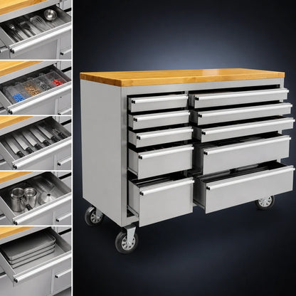 Omcan USA 40463 Mobile Stainless Steel Work Bench with Rubberized Wood Top and 10 Locking Drawers, 55 x 18 x 37 Inches