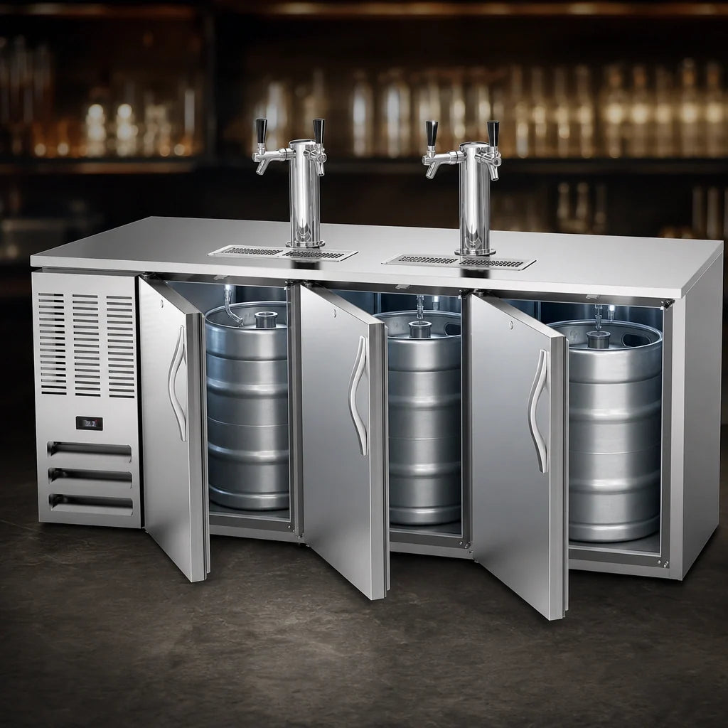 Beverage Air DDN72HC-S 72-Inch Shallow-Depth Direct-Draw Beer Dispenser, 3 Half-Barrel Keg Capacity, Stainless Steel, Dual Faucet Towers