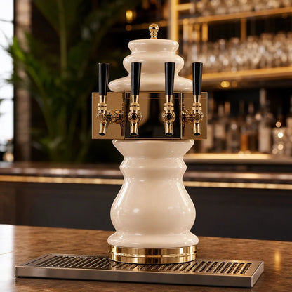 Glastender BM-4-PB 4-Faucet Countertop Draft Beer Dispensing Tower, Polished Brass Ceramic Column, Air-Cooled with Drain Pan