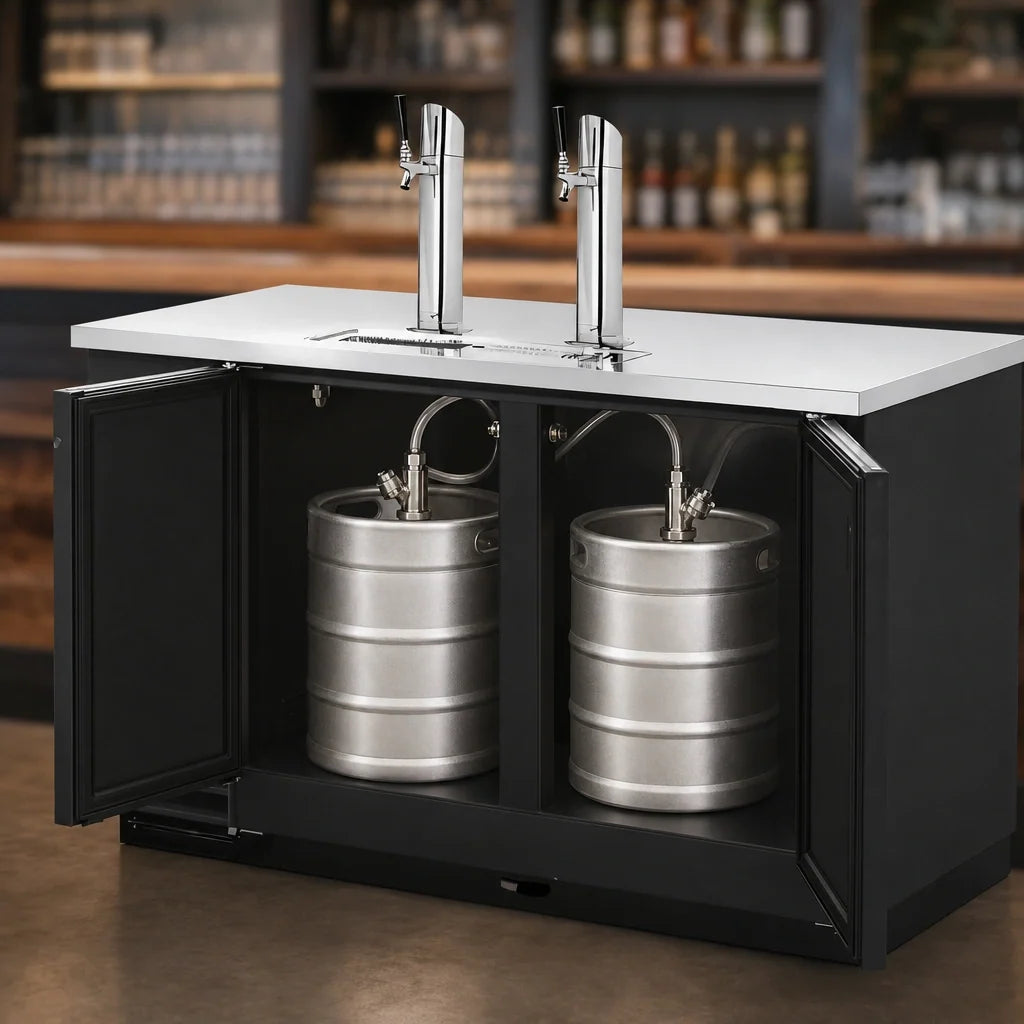 True General Foodservice TDD-2-HC Direct Draw Beer Dispenser, 2 Half-Barrel Kegs, Flat Top, 2 Columns, Black Exterior