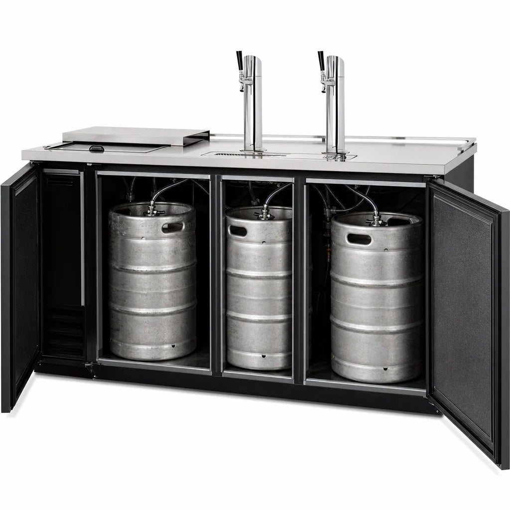 True General Foodservice TDD-3CT-HC Club Top Direct Draw Beer Dispenser, 3 Half-Barrel Capacity, 2 Columns, Black Exterior