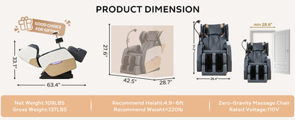 Gold+White Massage Chair Recliner with Zero Gravity and Full Body Air Pressure