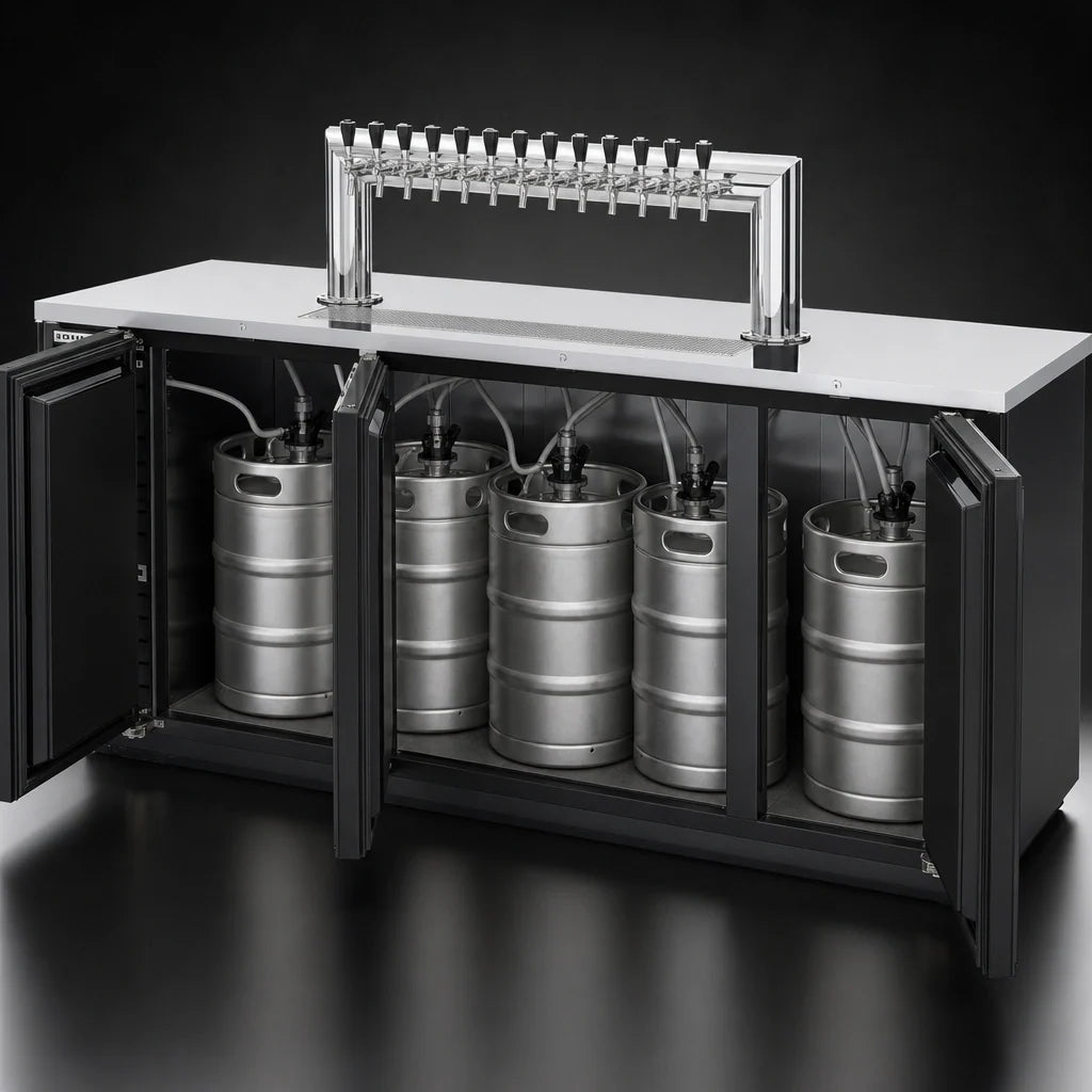Beverage Air DD94HC-B-12T 94-Inch 3-Door Direct Draw Beer Dispenser with 12 Taps, 5 Half-Barrel Keg Capacity, Black Exterior