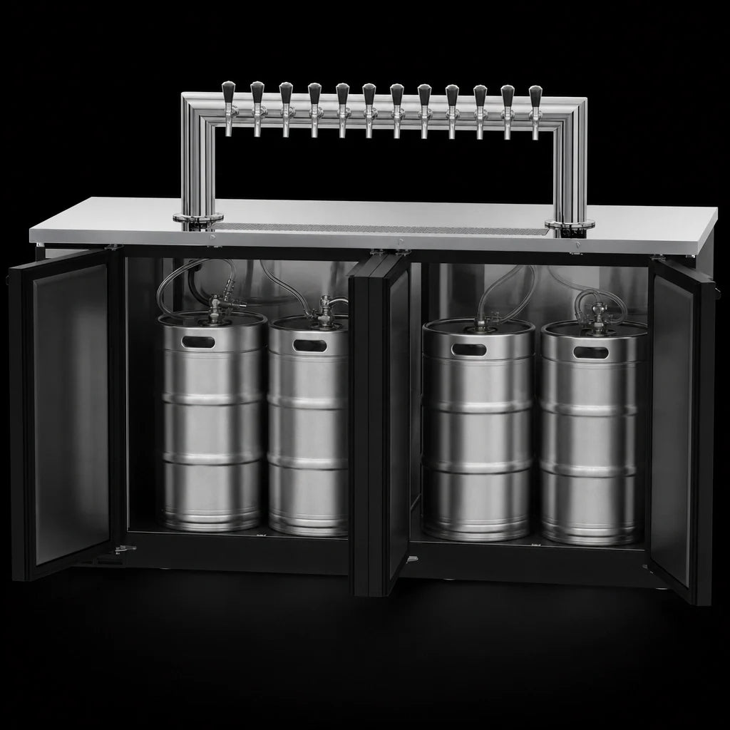 Beverage Air DD78HC-B-12T 78-Inch Direct Draw Beer Dispenser, 12-Tap Tower, 4 Half-Keg Capacity, 3 Doors, Black Exterior