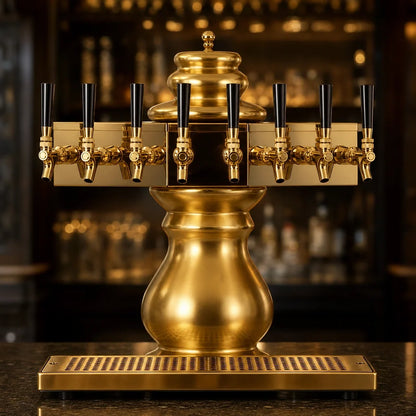 Glastender BM-4-PB 4-Faucet Countertop Draft Beer Dispensing Tower, Polished Brass Ceramic Column, Air-Cooled with Drain Pan
