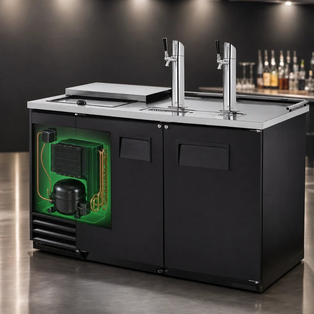 True General Foodservice TDD-2CT-HC Club Top Direct Draw Beer Dispenser, 2 Half-Barrel Capacity, 2 Columns, Black Exterior