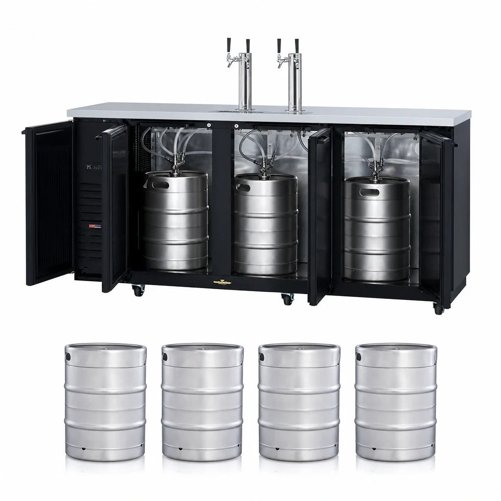 Turbo Air Super Deluxe TBD-4SBD-N Freestanding Beer Dispenser, 4 Half-Barrel Keg Capacity, 2 Columns, 4 Faucets, Black Exterior