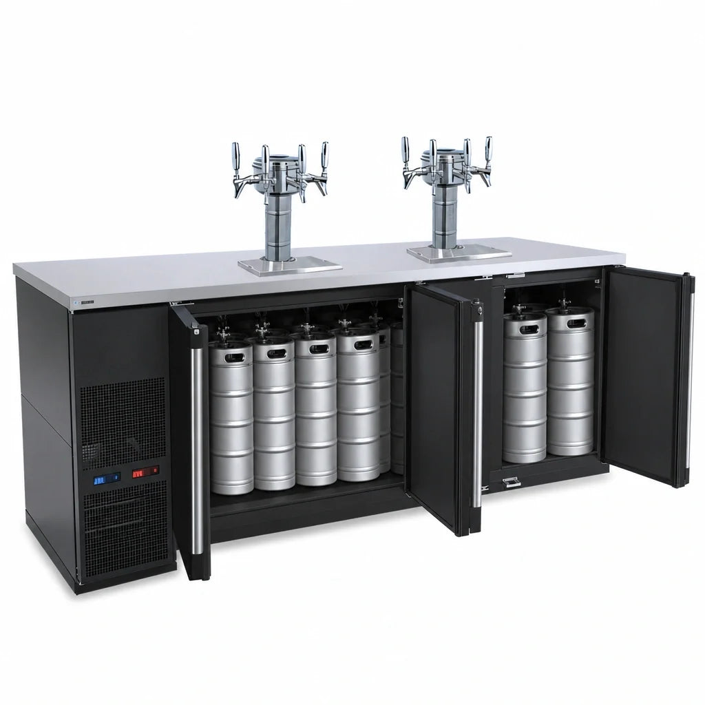 Micro Matic Pro-Line MBB78BC-E-B 80-Inch Dual-Temperature Three-Section Beverage Station Beer Dispenser, 12-Keg, 8-Faucet, Black Exterior