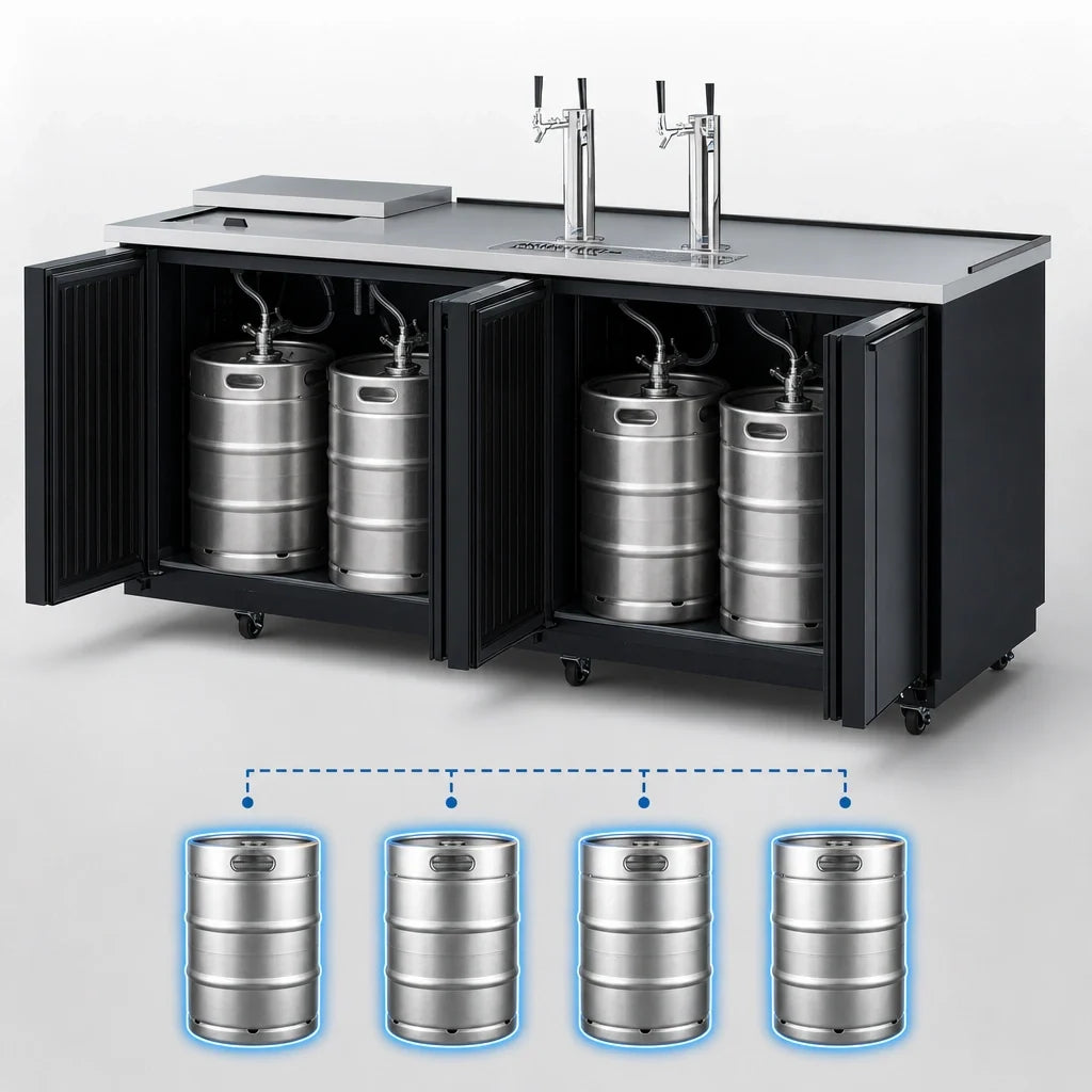 Turbo Air Super Deluxe TCB-4SBD-N Club Top Beer Dispenser, 4 Half-Barrel Capacity, 2 Double-Faucet Towers, Self-Cleaning Condenser
