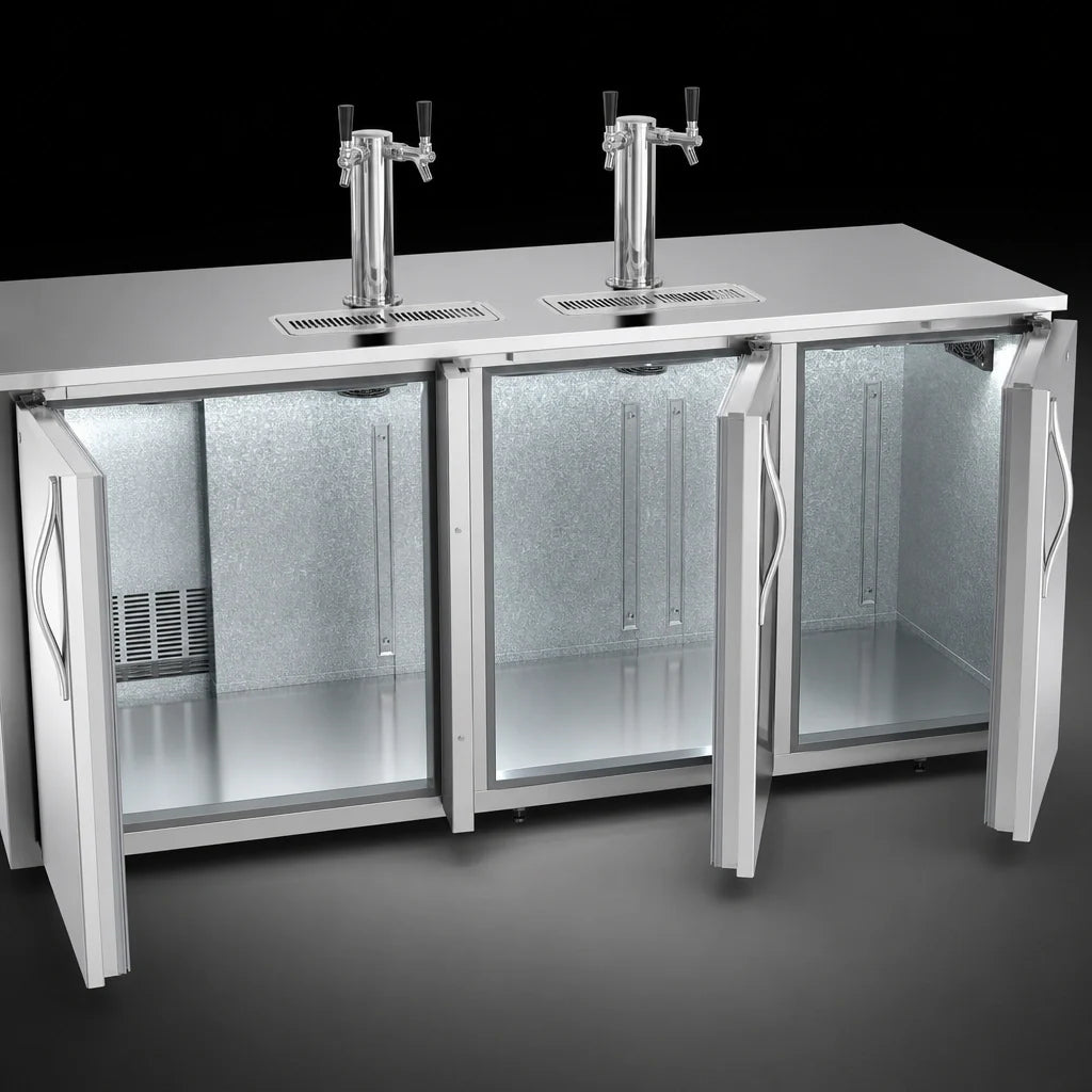 Beverage Air DD78HC-S 78-Inch Three-Door Flat-Top Direct-Draw Beer Dispenser, 4 Kegs, 2 Dual-Faucet Towers, Stainless Steel