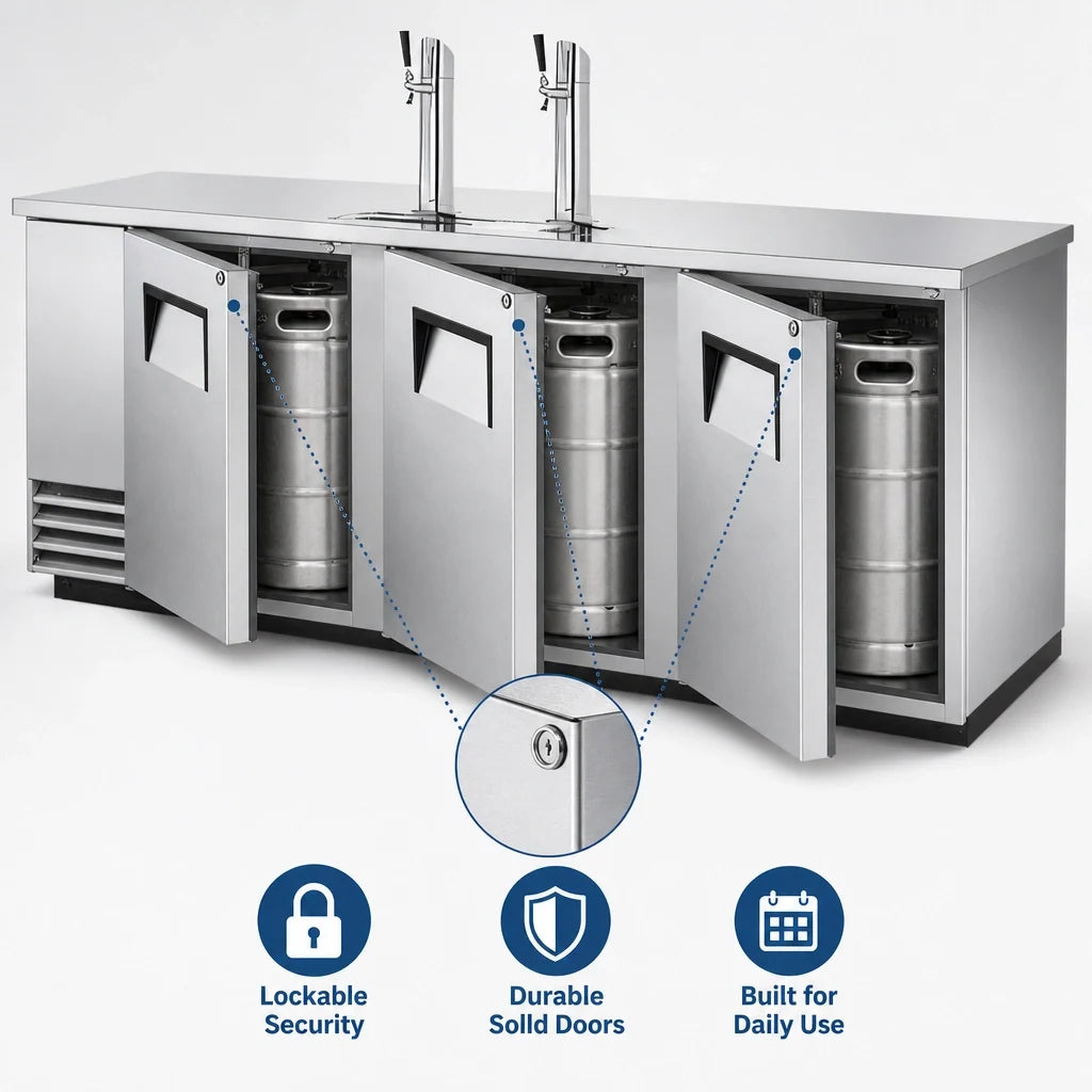 True General Foodservice TDD-4-S-HC Flat-Top Stainless Steel Direct Draw Beer Dispenser, 4 Half-Barrel Kegs, 2 Insulated Columns