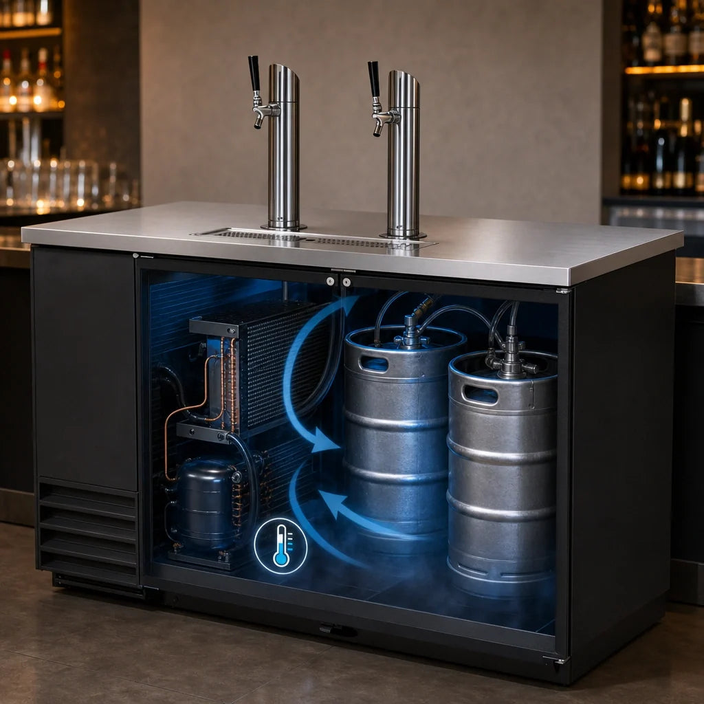 True General Foodservice TDD-2-HC Direct Draw Beer Dispenser, 2 Half-Barrel Kegs, Flat Top, 2 Columns, Black Exterior