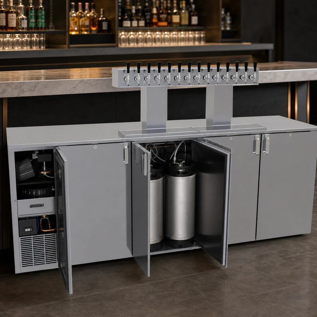 Glastender C1FB92-DD 92-Inch Four-Section Draft Beer Dispenser, Front-Serviced, Self-Contained R290 Refrigeration