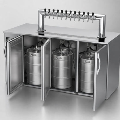 Beverage Air DD72HC-S-12T 72-Inch Three-Door Direct Draw Beer Dispenser with 12-Tap Tower, 3 Half-Keg Capacity, Stainless Steel Exterior