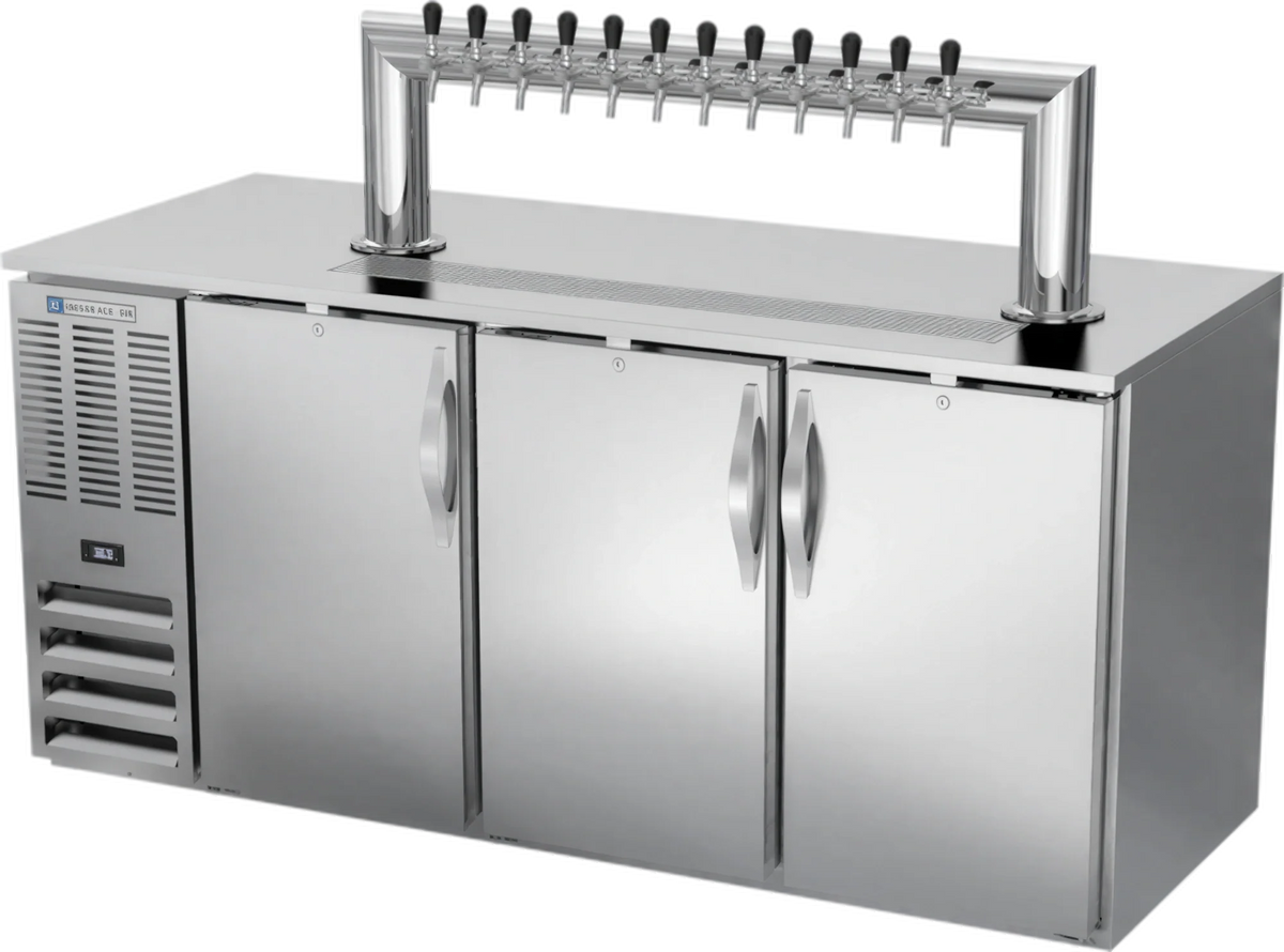 Beverage Air DD72HC-S-12T 72-Inch Three-Door Direct Draw Beer Dispenser with 12-Tap Tower, 3 Half-Keg Capacity, Stainless Steel Exterior