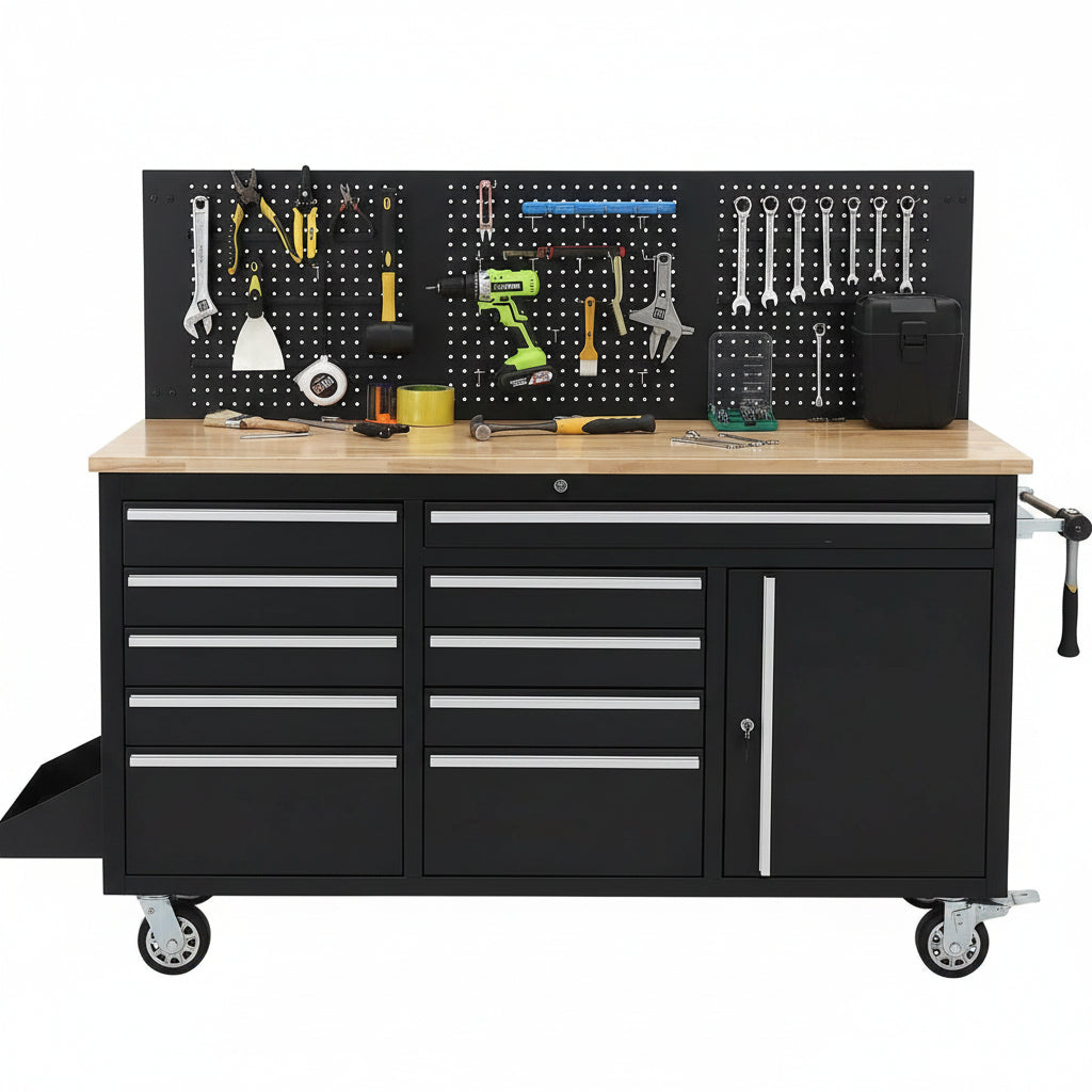 61-Inch Rolling Tool Chest, 10 Drawers Garage Workbench Storage Tool Cabinet with Power Strip, Solid Rubber Wood Top, 1675 LBS Load Mobile Workstation, Heavy Duty Rolling Cabinet