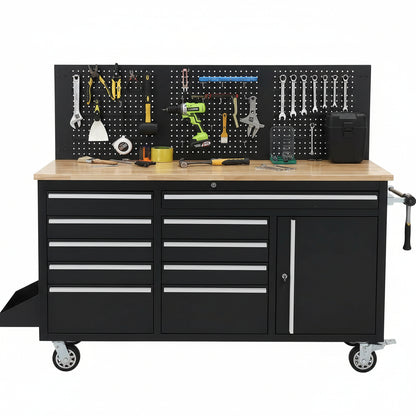 61-Inch Rolling Tool Chest, 10 Drawers Garage Workbench Storage Tool Cabinet with Power Strip, Solid Rubber Wood Top, 1675 LBS Load Mobile Workstation, Heavy Duty Rolling Cabinet