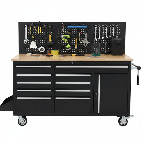 61-Inch Rolling Tool Chest, 10 Drawers Garage Workbench Storage Tool Cabinet with Power Strip, Solid Rubber Wood Top, 1675 LBS Load Mobile Workstation, Heavy Duty Rolling Cabinet