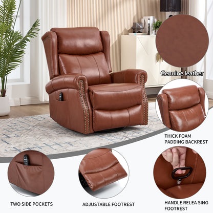 Genuine Leather Heat Massage Manual Recliner Chair with Rocker and Swivel - Red