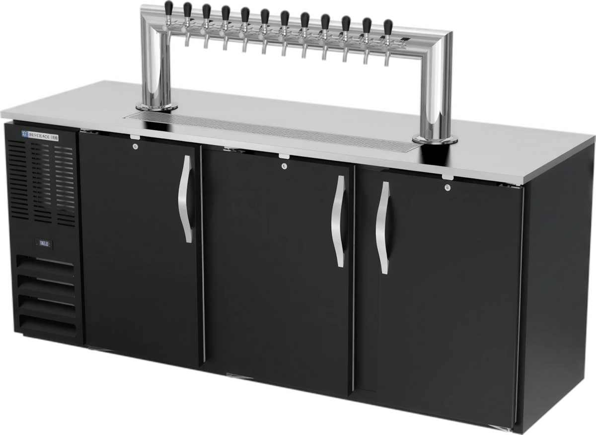 Beverage Air DDN78HC-B-12T 78-Inch 3-Door Direct Draw Beer Dispenser with 12-Tap Tower, 4 Half-Keg Capacity, Black Exterior