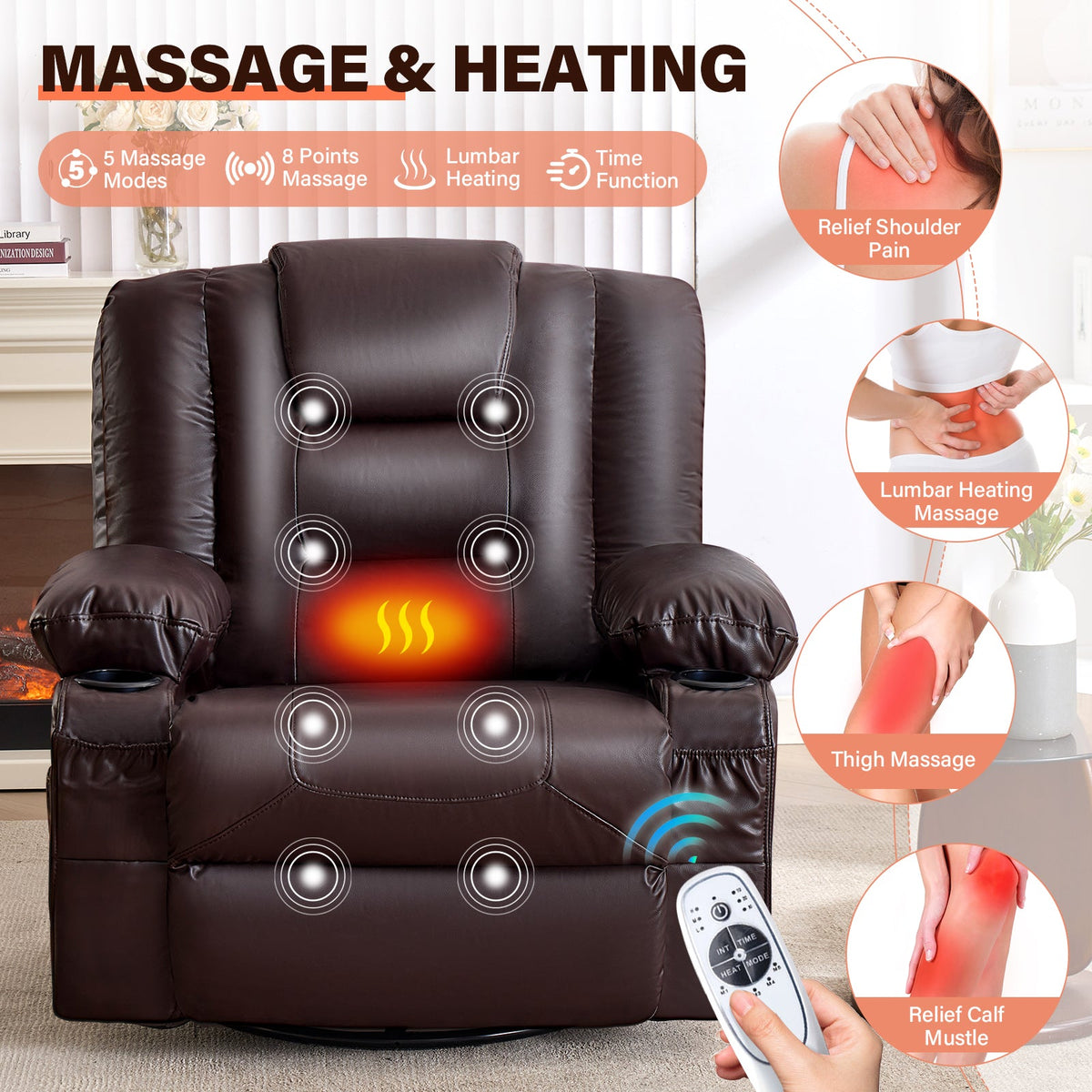 Rocker Recliner Chair with Massage and Heat - Leather