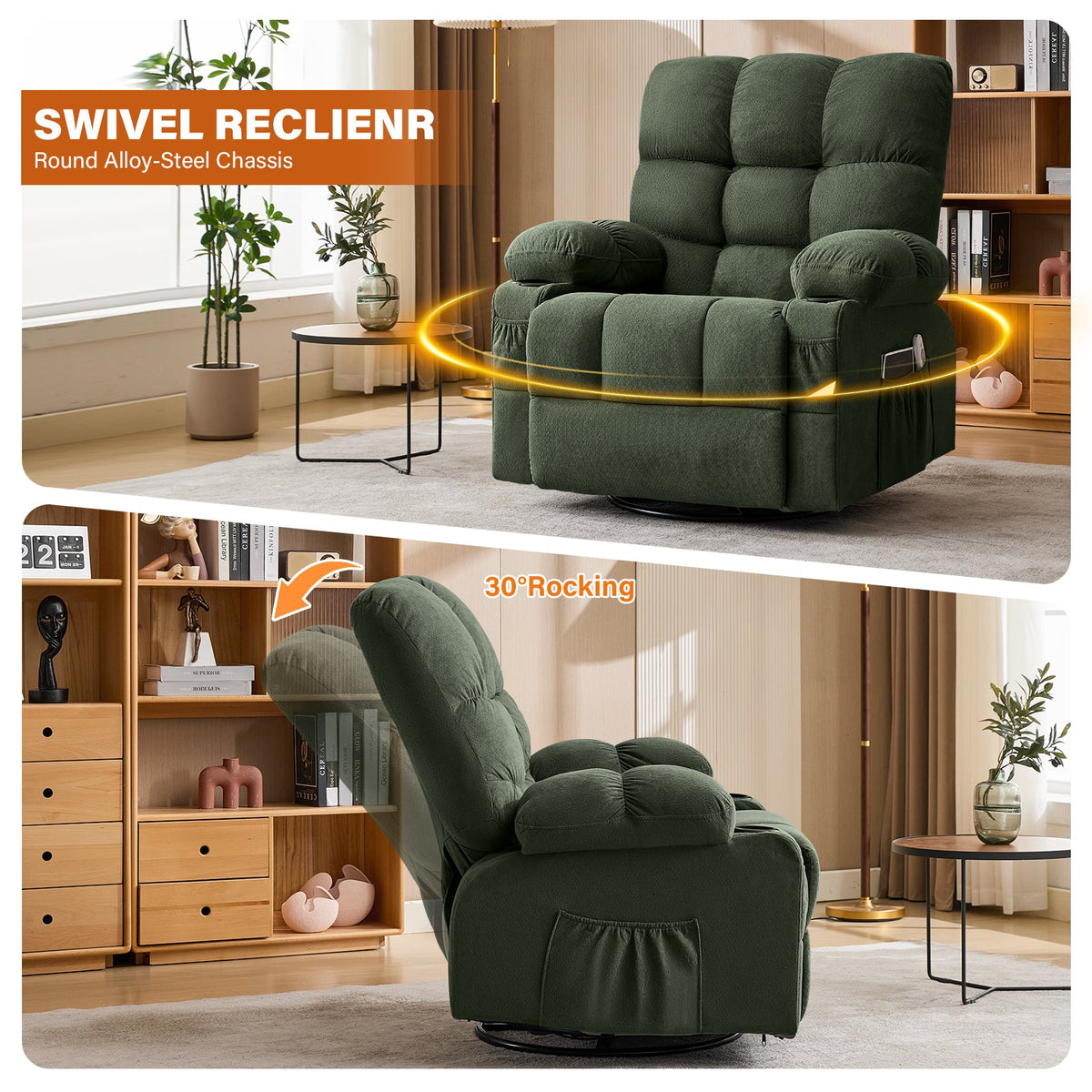 Massage Swivel Recliner Chair with Vibration Massage and Lumbar Heating - Green or Brown