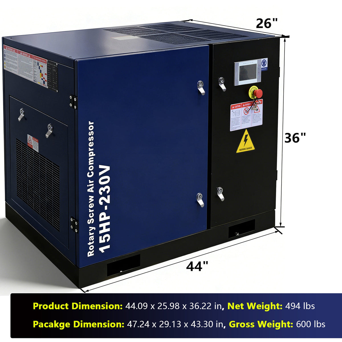 15HP Rotary Screw Air Compressor with LCD Controller - Dark Blue
