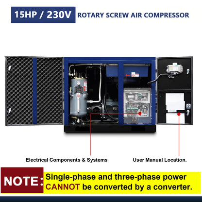 15HP Rotary Screw Air Compressor with LCD Controller - Dark Blue