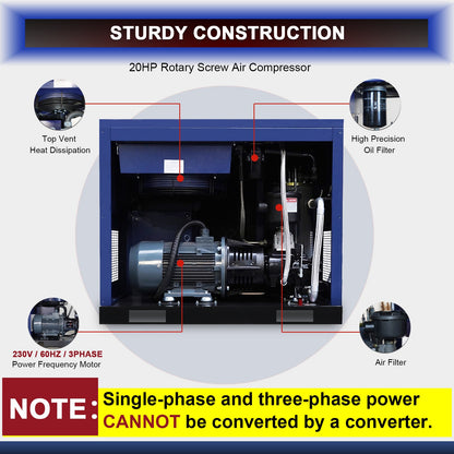 20HP Rotary Screw Air Compressor with 74 CFM Output - Dark Blue