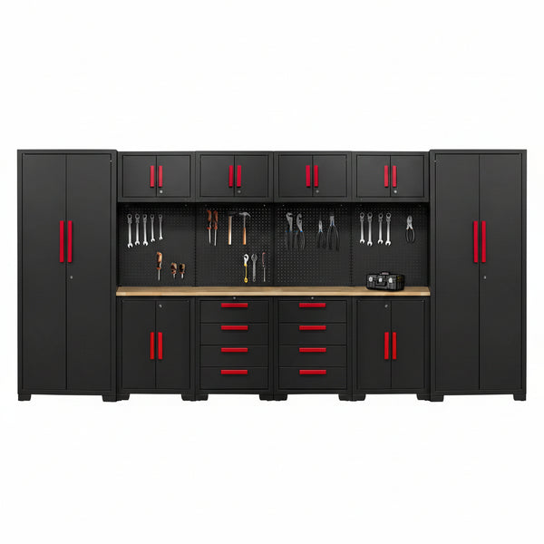 Garage Storage Cabinet System - 2 * 6-Pcs Workshop Set | with Steel Cabinet Drawers, Tool Chest, Workbench, Pegboard for Tool Organization