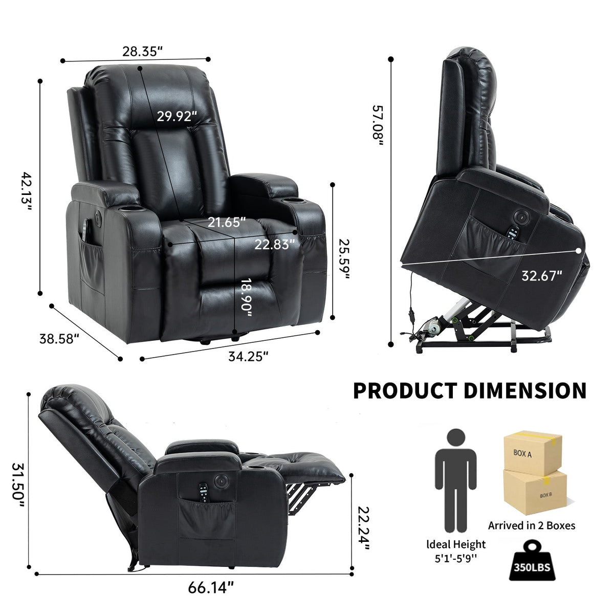 Infinite Position Power Lift Recliner Chair with Massage – Black