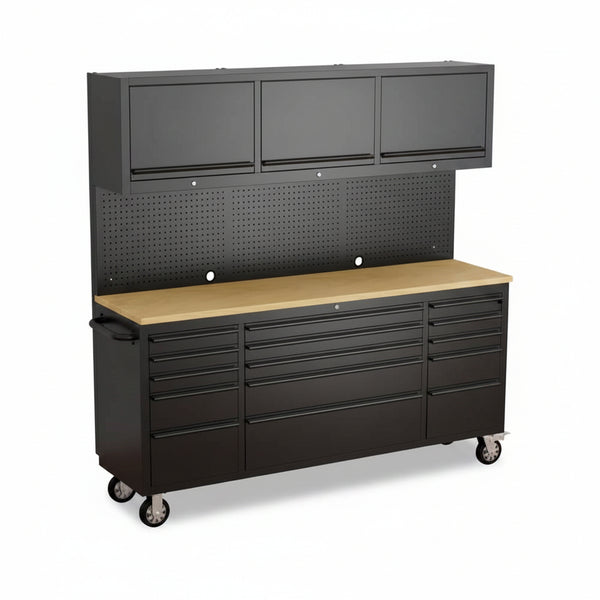 72-Inch Heavy Duty Tool Chest & Rolling Workbench with 15 Drawers, Wheels,3 Upper Cabinet& Pegboard, for Garage, Shop, Workshop Use,Black