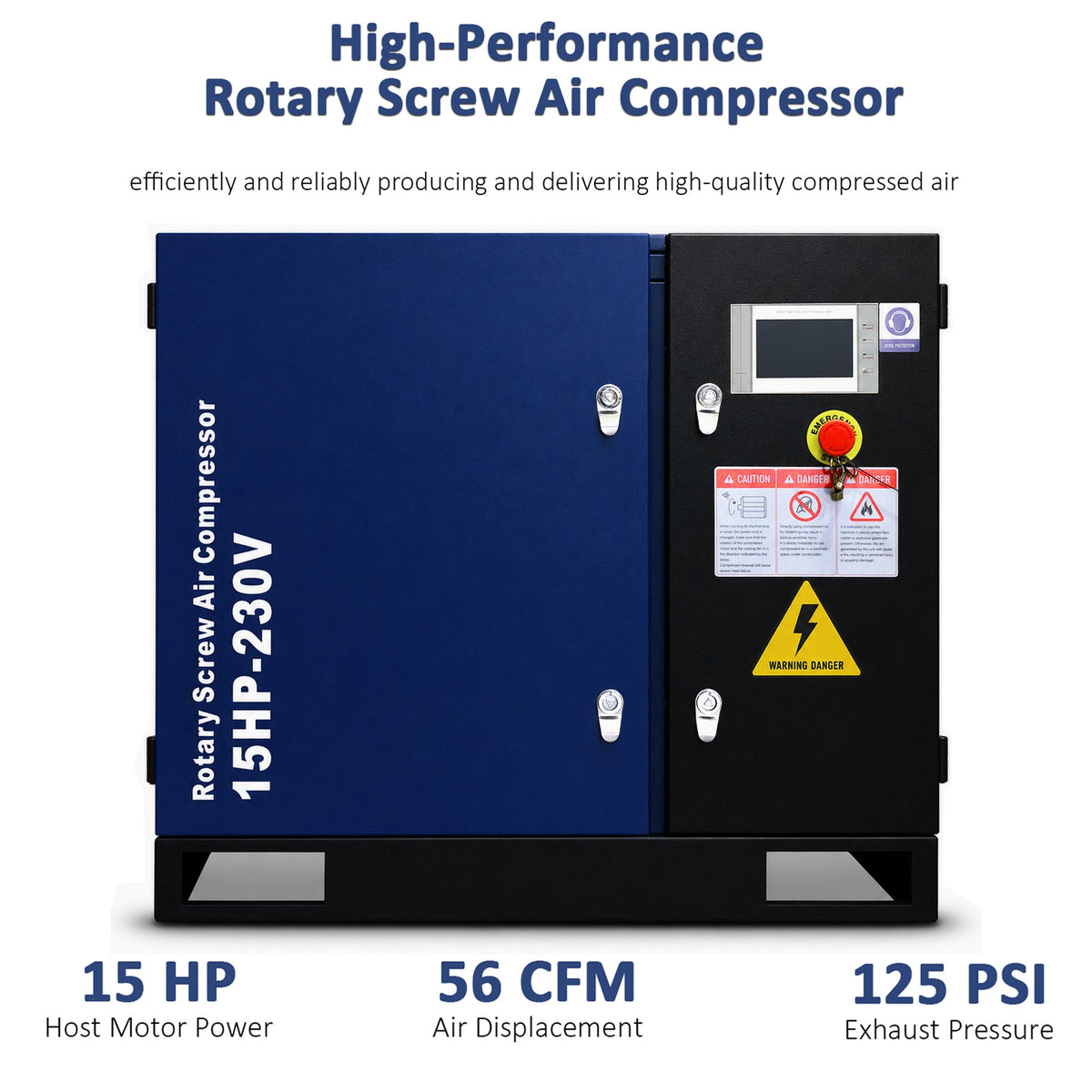 15HP Rotary Screw Air Compressor with LCD Controller - Dark Blue