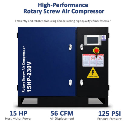 15HP Rotary Screw Air Compressor with LCD Controller - Dark Blue