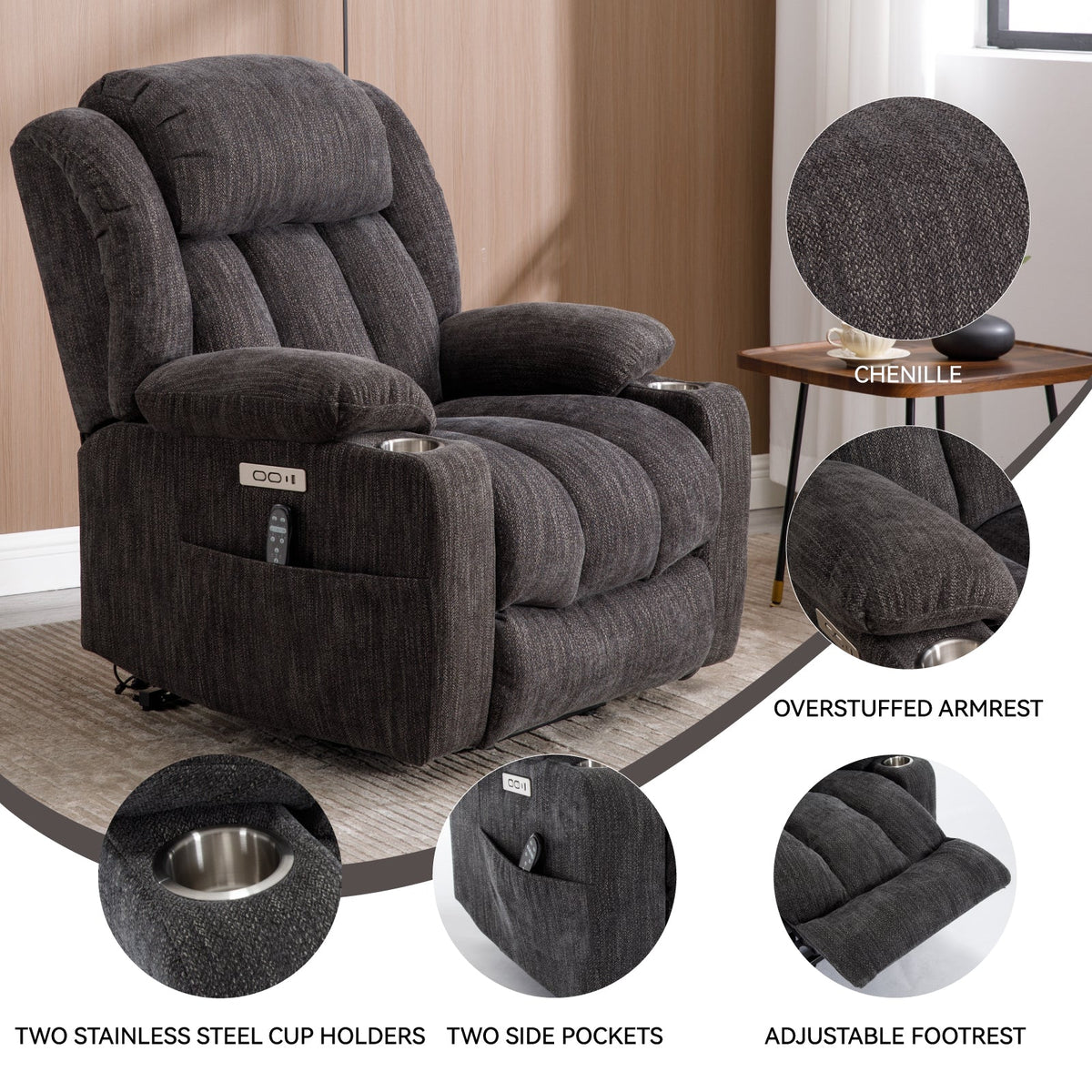 Chenille Power Lift Recliner Chair with Massage & Heating - Soft Chenille