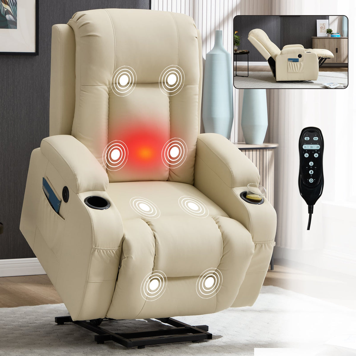 Beige PU Power Lift Recliner Chair with Massage & Heating - Infinite Position