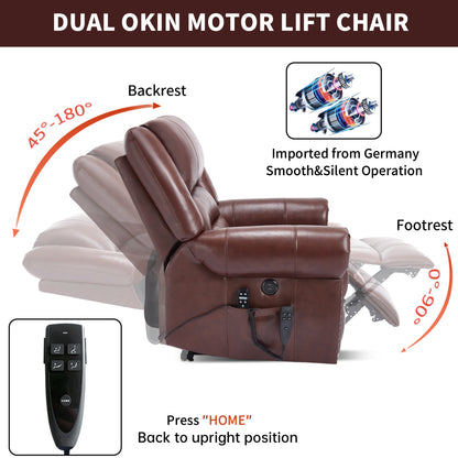 Genuine Leather Power Lift Recliner Chair with Heat and Massage – Brown or Red