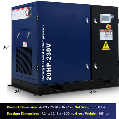 20HP Rotary Screw Air Compressor with 74 CFM Output - Dark Blue