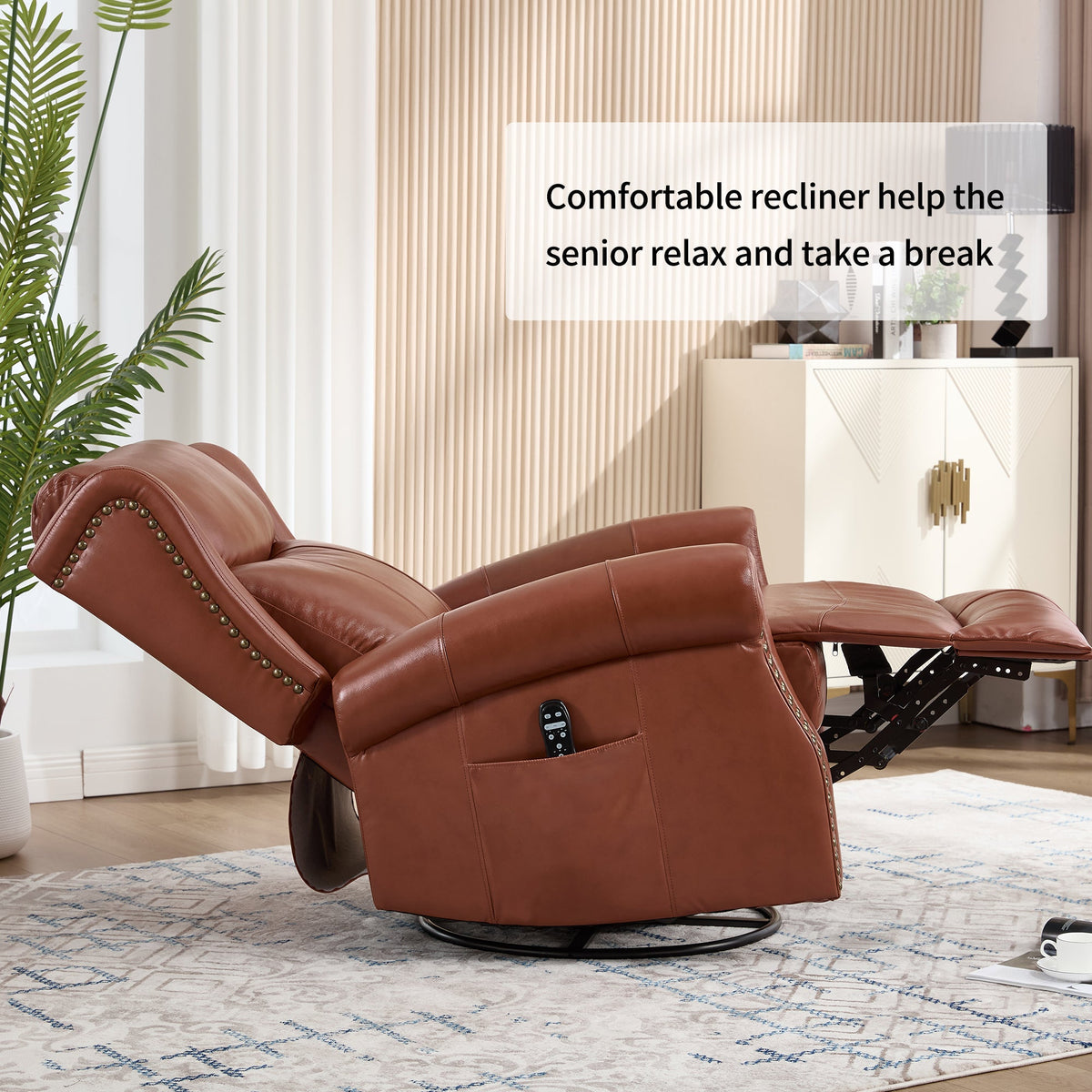 Genuine Leather Heat Massage Manual Recliner Chair with Rocker and Swivel - Red