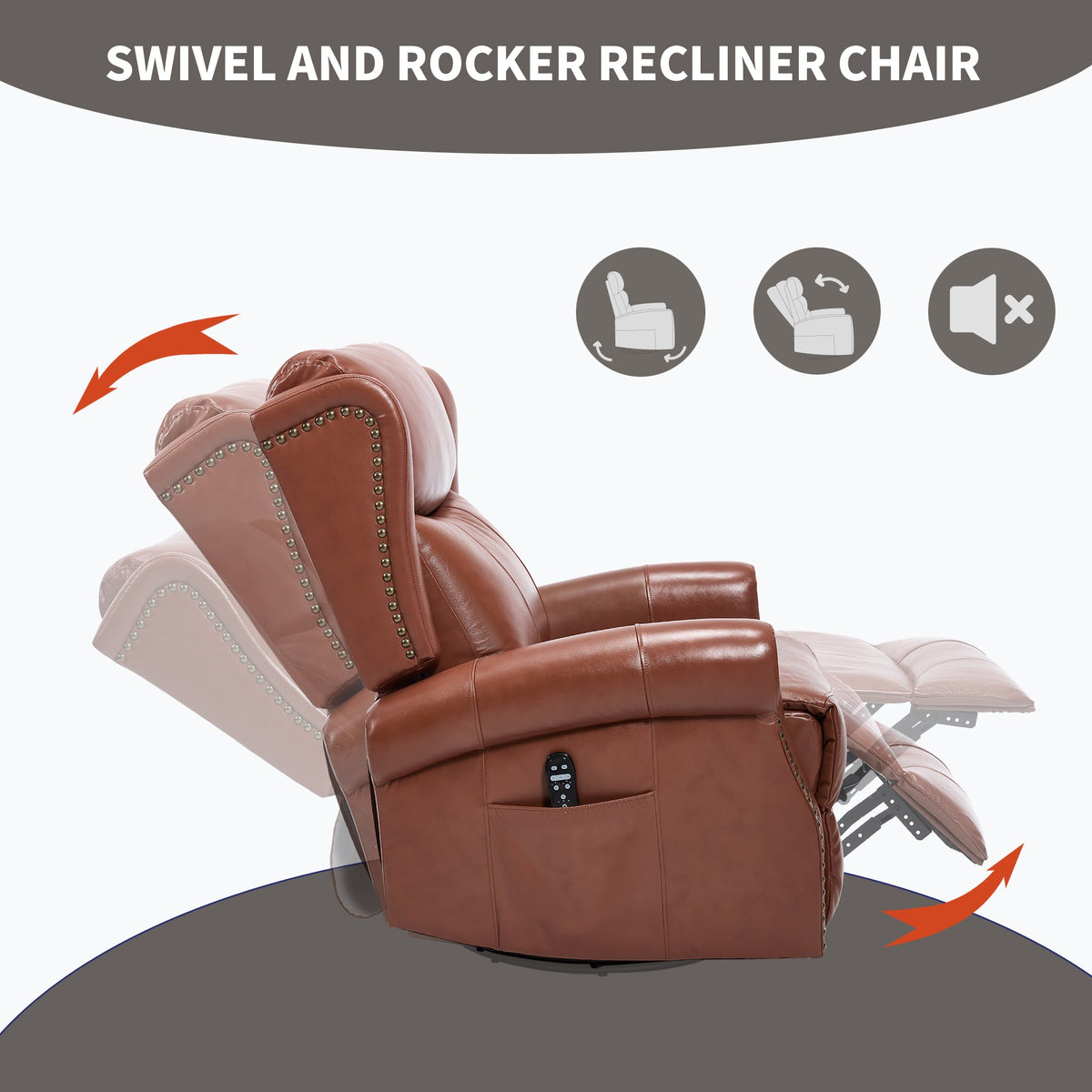 Genuine Leather Heat Massage Manual Recliner Chair with Rocker and Swivel - Red
