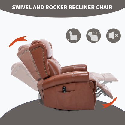 Genuine Leather Heat Massage Manual Recliner Chair with Rocker and Swivel - Red