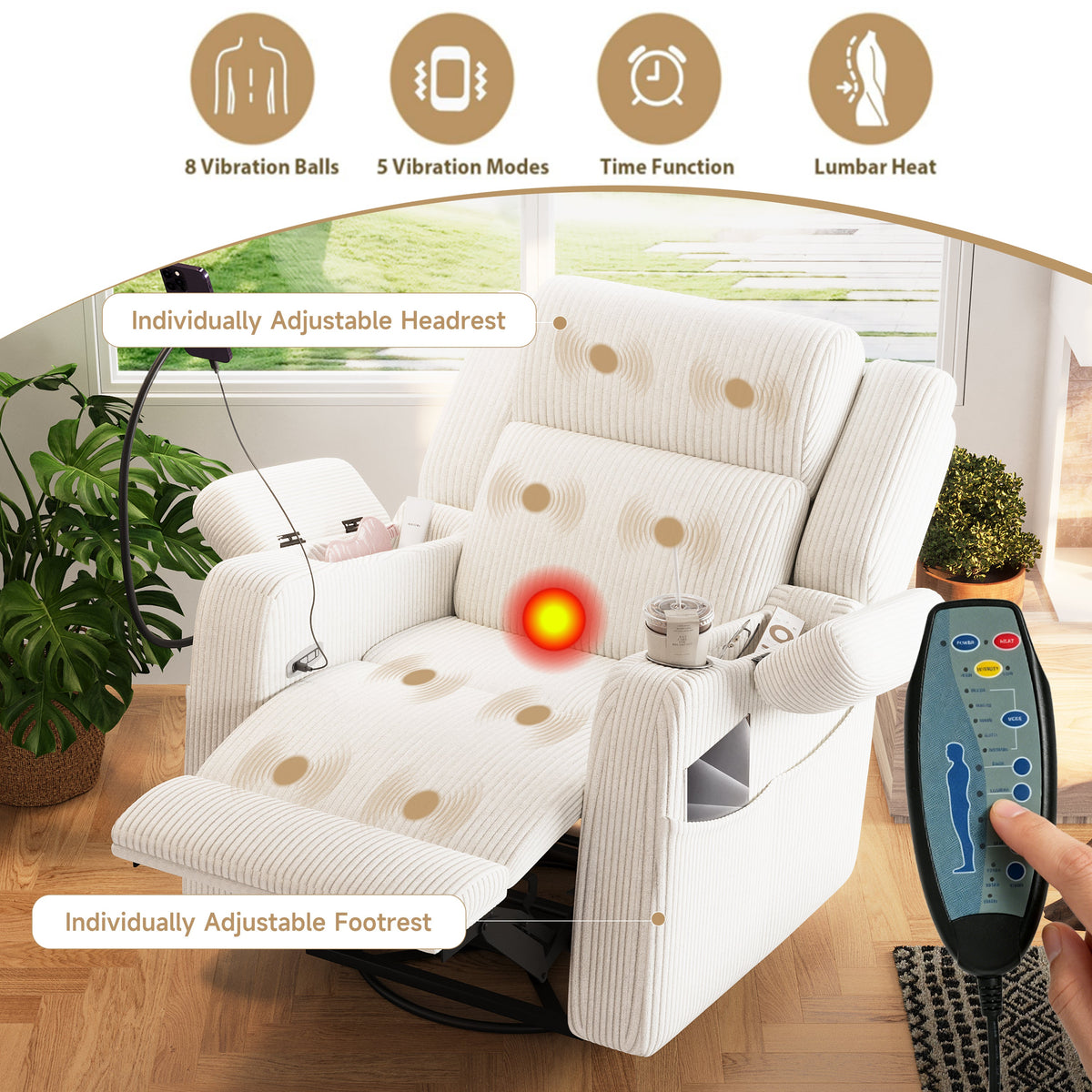 Electric Power Recliner Chair with Heat and Massage - Corduroy
