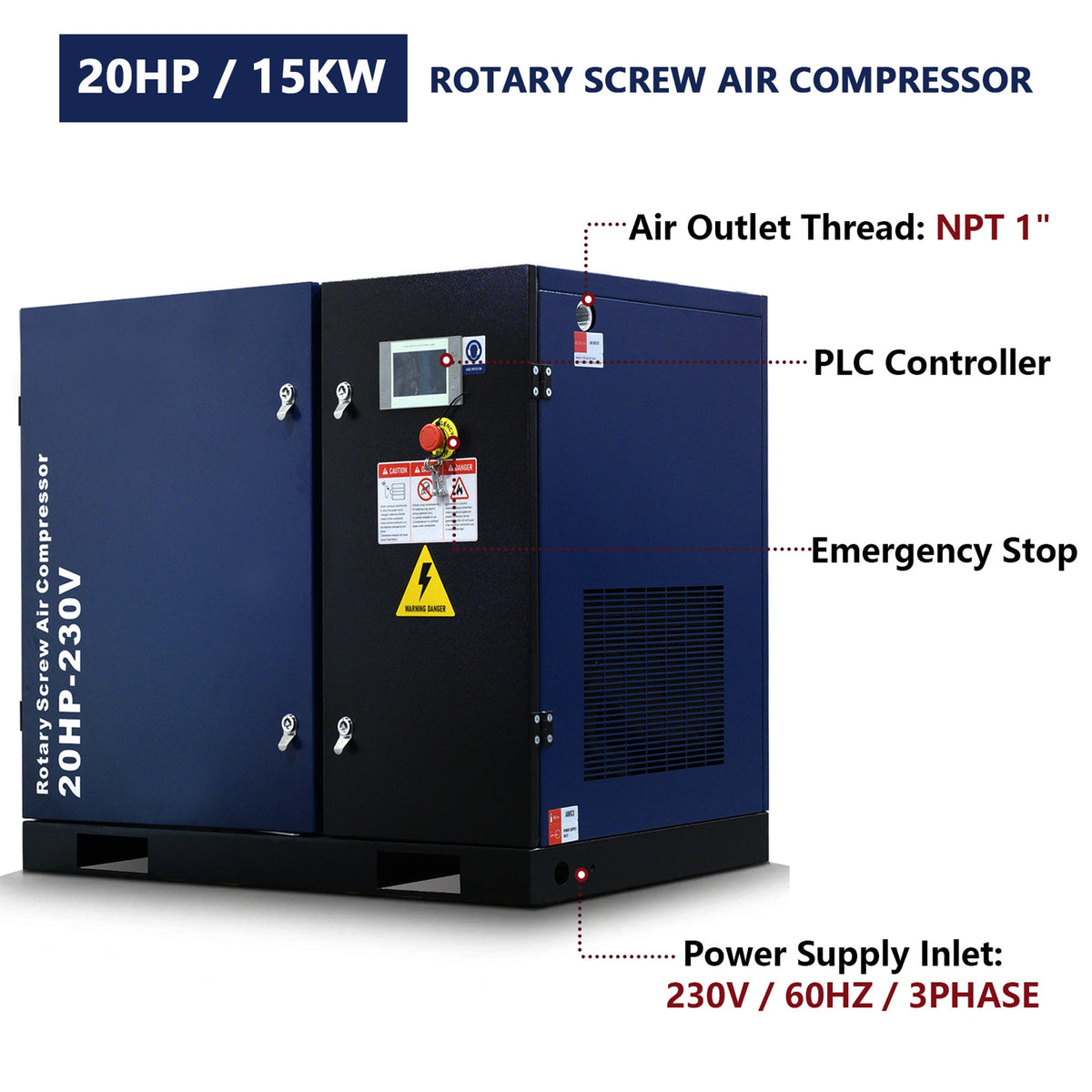20HP Rotary Screw Air Compressor with 74 CFM Output - Dark Blue